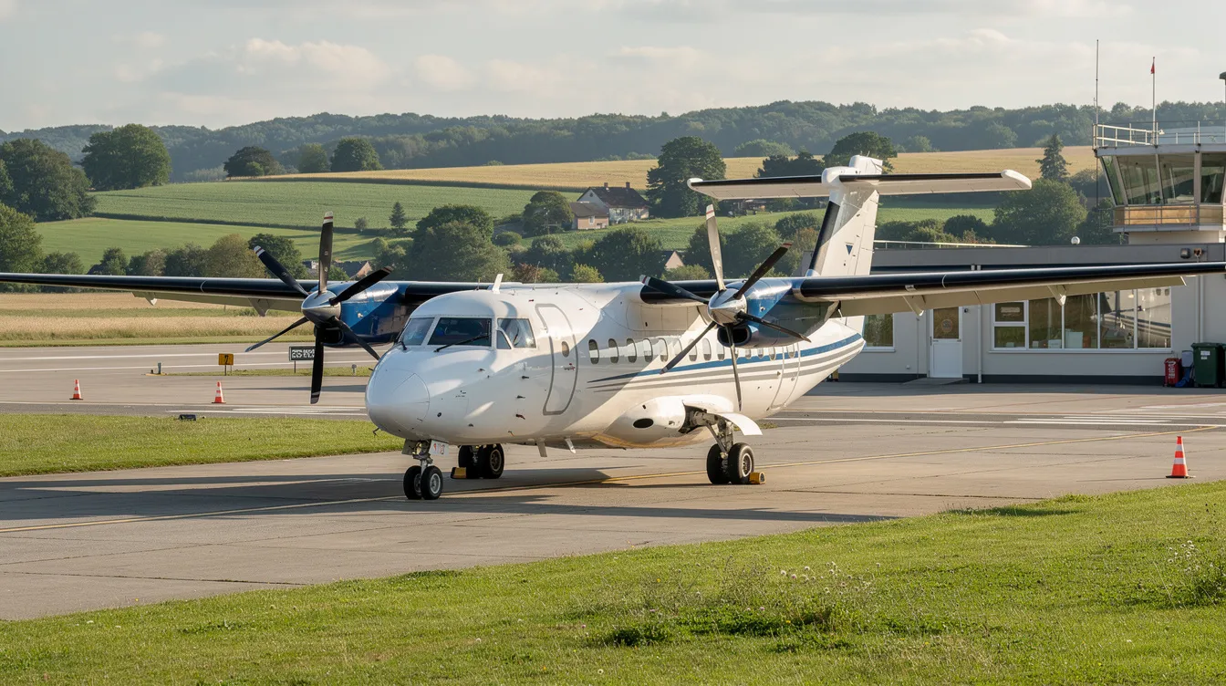 A Beechcraft King Air C90 twin-engine turboprop aircraft is parked on a small regional airstrip, surrounded by lush green countryside. The aircraft, known for its utility and versatility, features redesigned engine cowlings and four-bladed propellers, making it ideal for various roles, including air ambulance and liaison transport.