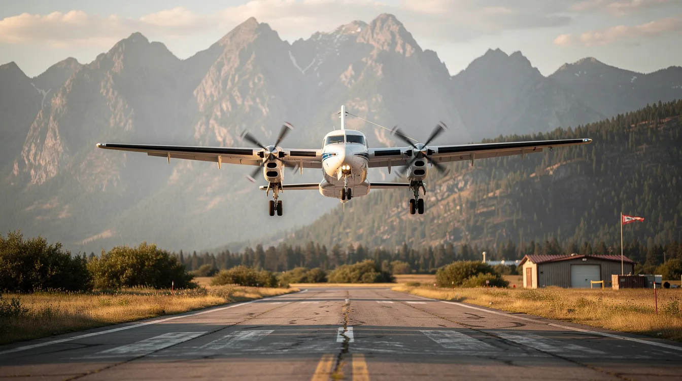 A Beechcraft King Air C90, a small twin-engine turboprop aircraft, is landing on a short rural runway with majestic mountains in the background. The aircraft is designed for various roles, including air ambulance and utility transport, showcasing its versatility in aviation.