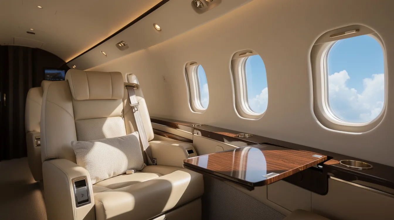 The image depicts the luxurious interior of a private jet, featuring plush leather seats and a stunning view of the clear Caribbean blue sky through the window. This setting is ideal for passengers embarking on private charter flights to Cuba, offering comfort and elegance for their business trips or vacations.