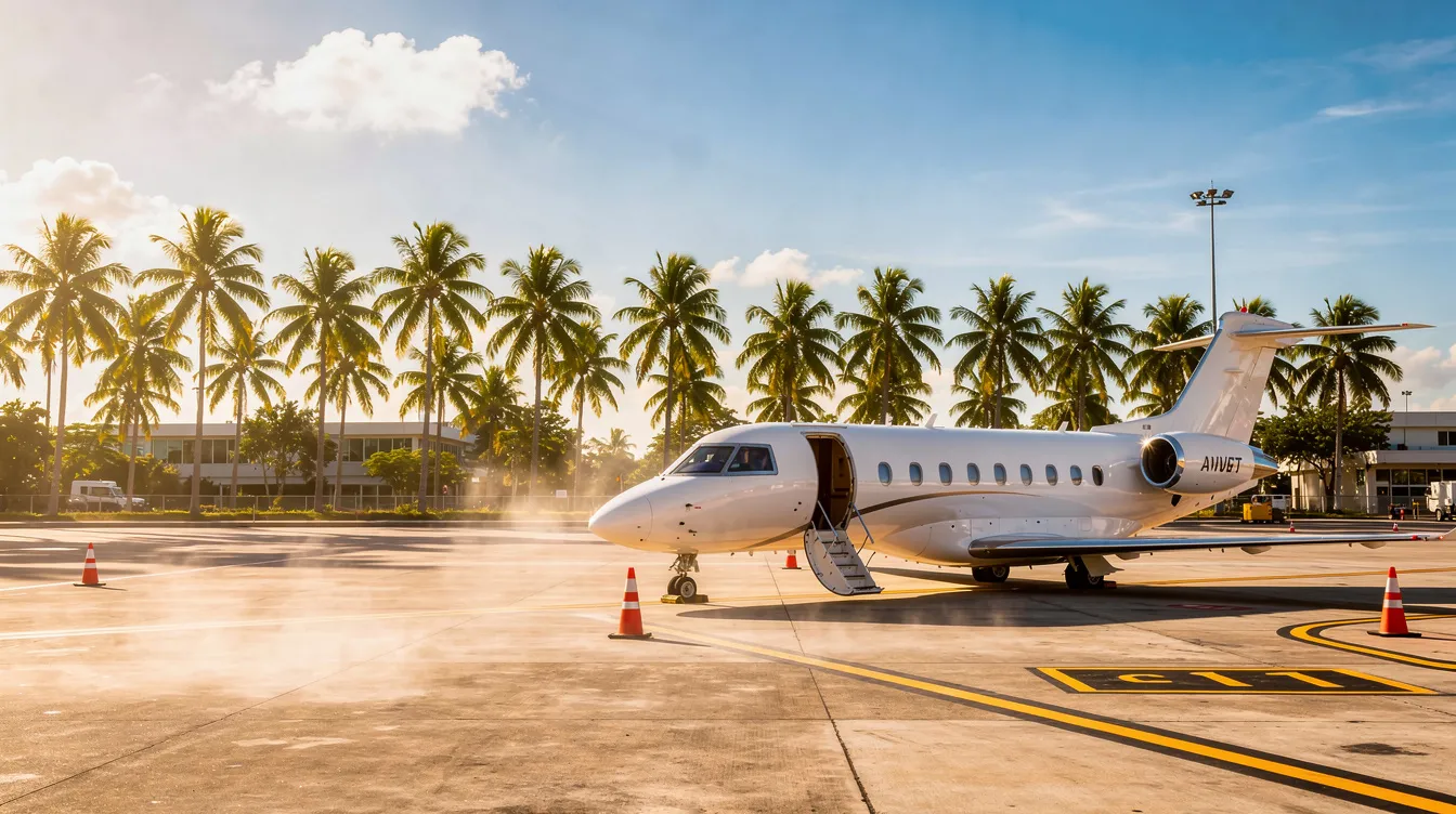 A tropical airport tarmac features a small private jet parked amidst lush palm trees, evoking the natural beauty of the Caribbean. This scene captures the essence of private flights to Cuba, making it an ideal destination for business trips or vacations.