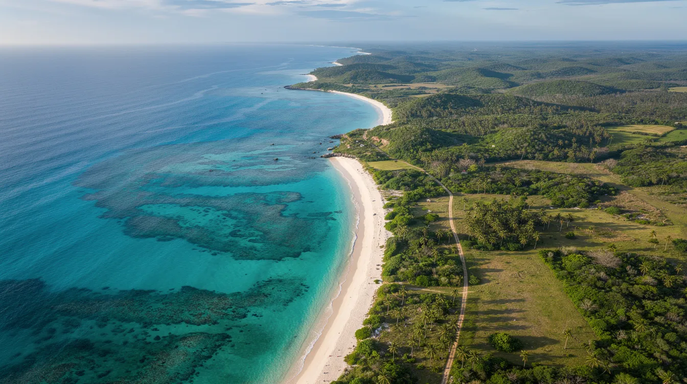 An aerial view showcases the stunning Cuban coastline, featuring vibrant turquoise Caribbean waters alongside lush green landscapes. This picturesque scene highlights Cuba's natural beauty, making it an ideal destination for private charter flights and vacations.