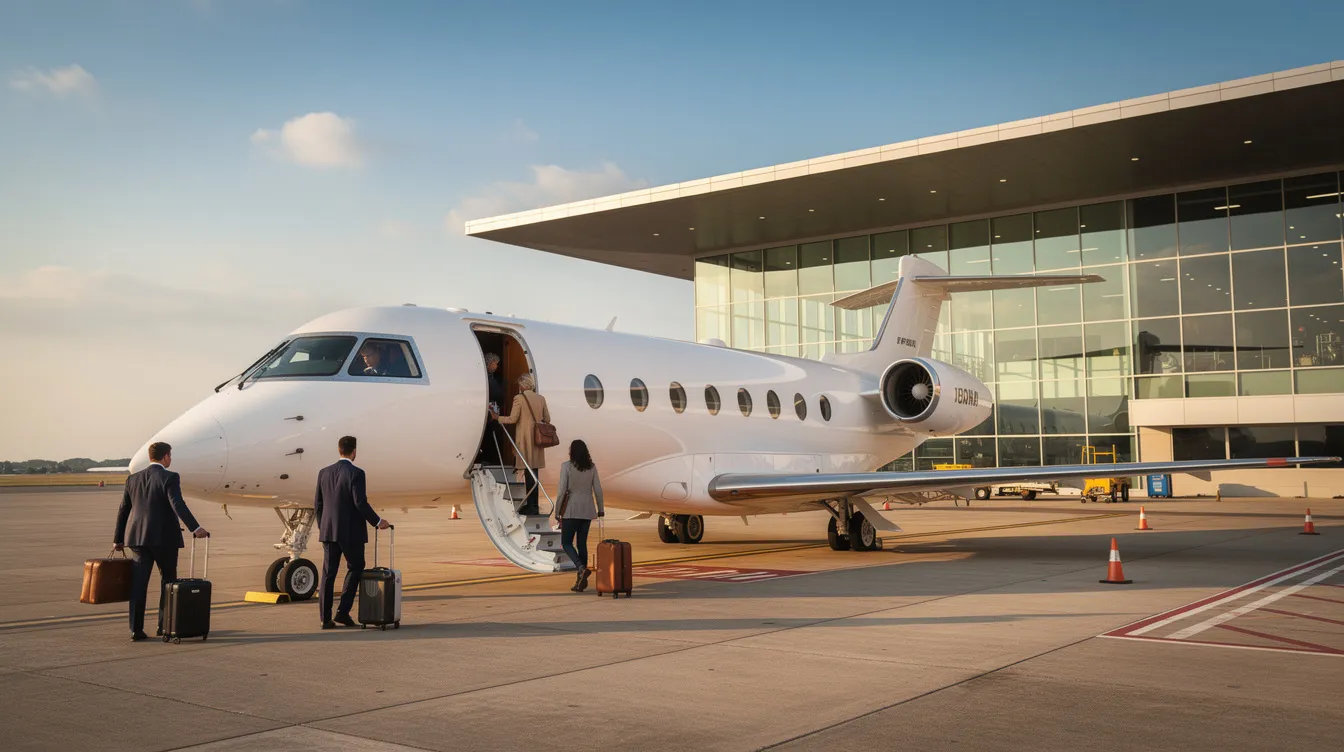 A sleek private jet is parked next to a modern terminal, where travelers are boarding with excitement. The aircraft, designed for speed and performance, showcases its compact size while offering a luxurious travel solution.