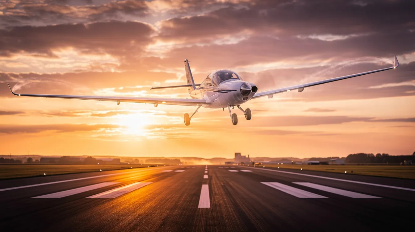 A small jet sailplane is climbing gracefully over a runway, illuminated by the warm hues of a sunset. This aircraft showcases its impressive speed and performance, highlighting the advanced design and control features of microjet technology.