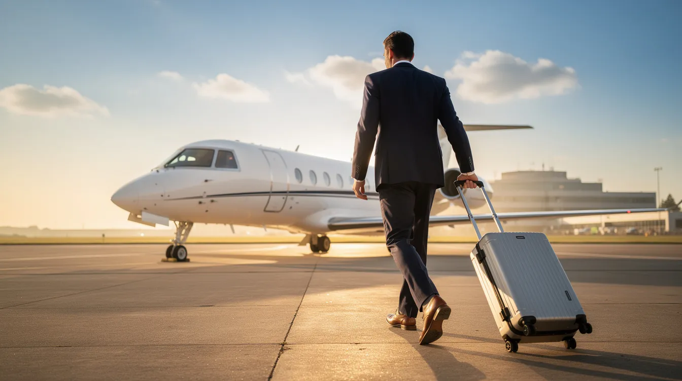 A business traveler walks confidently toward a small private jet on a sunny runway, ready to embark on a flight that reflects the expertise and professionalism of a leading private jet charter service. The scene captures the essence of business travel, highlighting the commitment to delivering the best possible service to clients in the global market.