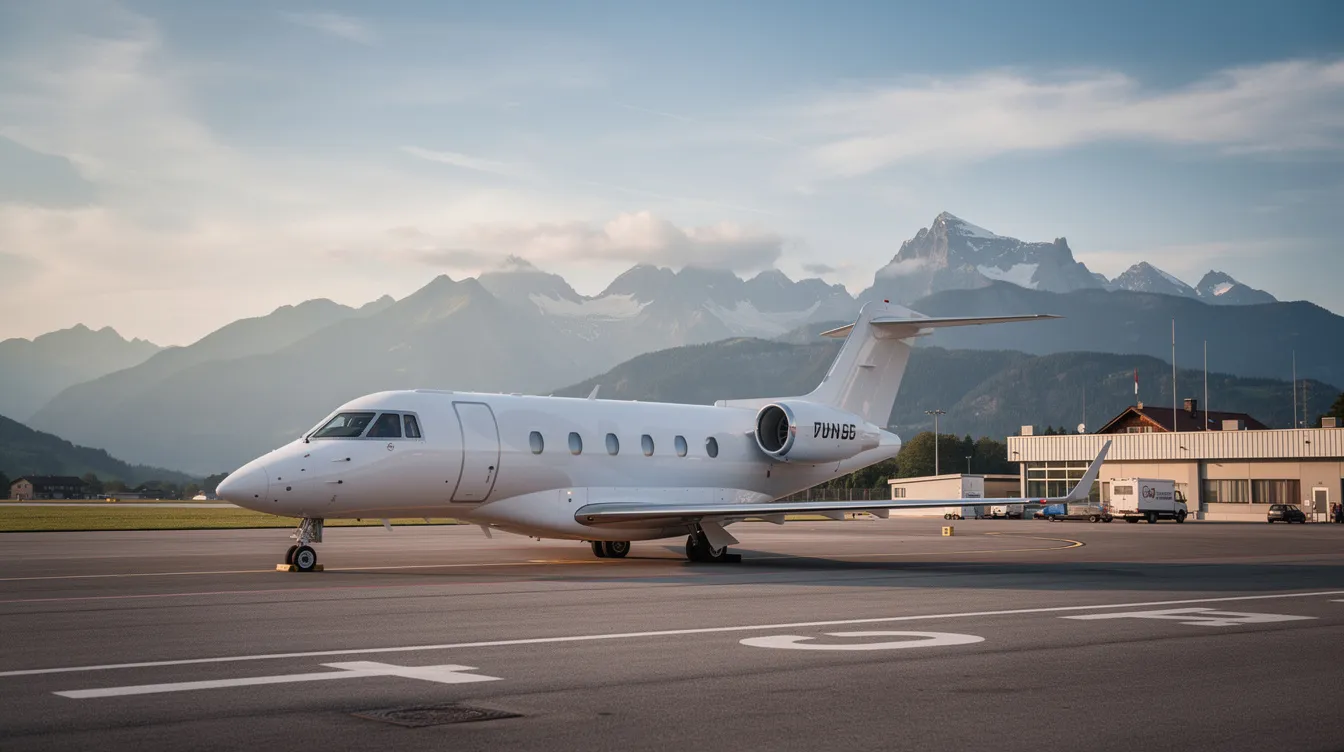 A sleek private jet is parked on the tarmac of a small European airport, with majestic mountains rising in the background, symbolizing luxury travel and exclusive access for clients seeking the best possible service in the global market. This scene reflects the professionalism and commitment of a Topjet Executive team dedicated to delivering exceptional flight experiences.