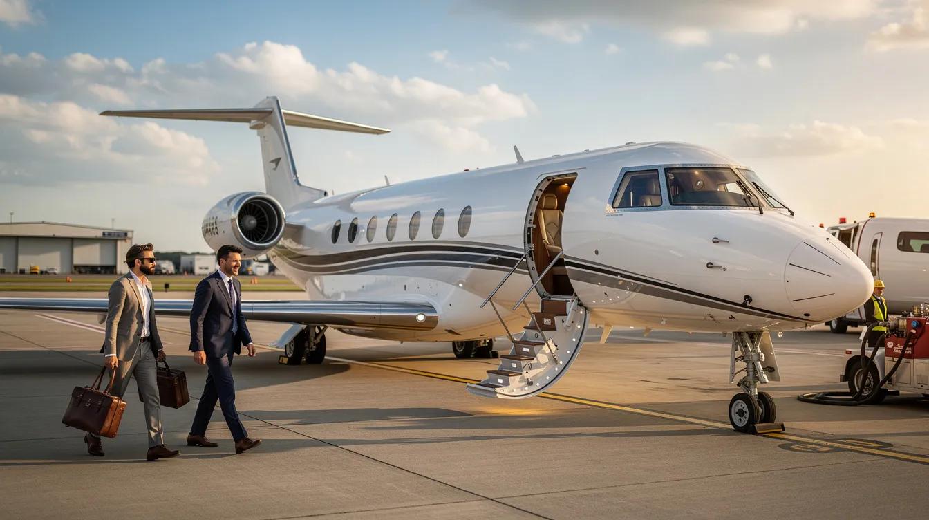 The image depicts a luxurious private jet, specifically a Bombardier Challenger, parked at Bangor International Airport, symbolizing the prosperity gospel often associated with prominent pastors like Joel Osteen from Lakewood Church. The aircraft, representing wealth and success, reflects the donations and support from Christians who believe in the prosperity message.