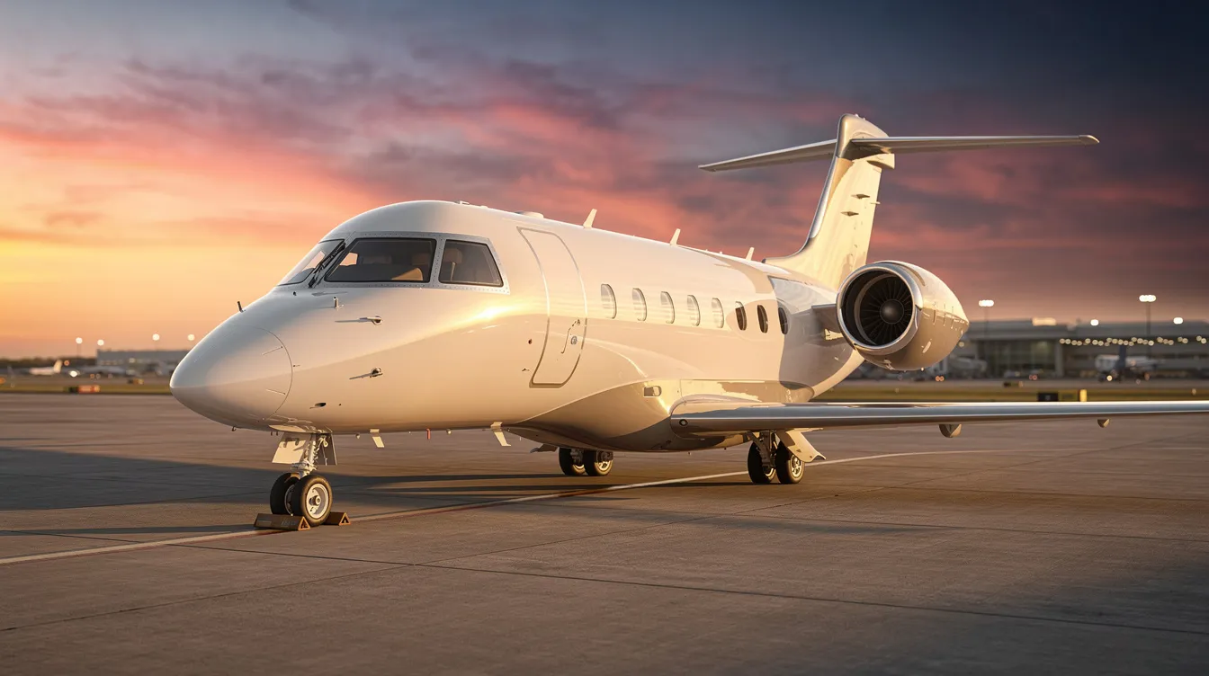A private jet is parked on an open tarmac, bathed in warm golden light from the sunset, creating a luxurious setting. This breathtaking backdrop captures the essence of high-end lifestyle shoots, perfect for travel photography or music videos.