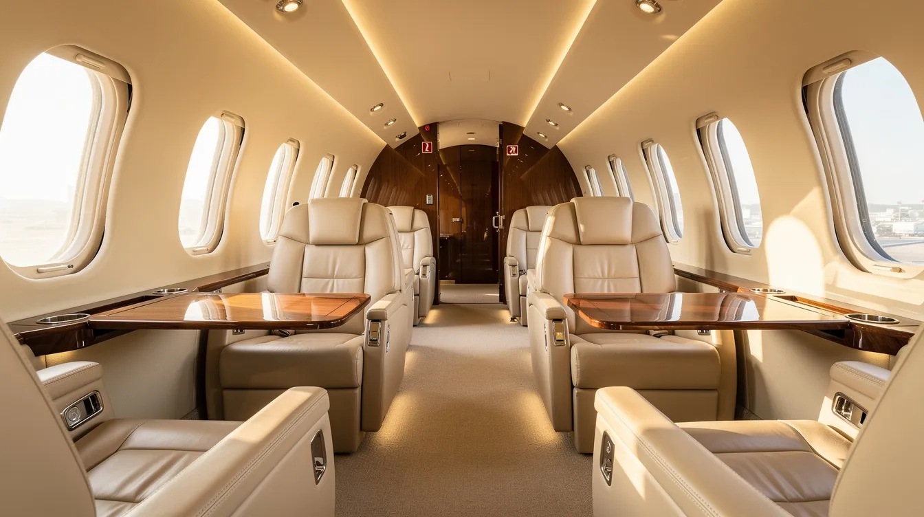 The image showcases the interior of a spacious private jet cabin, featuring cream leather seats and large oval windows that flood the luxurious setting with natural light. This elegant space is perfect for high-end lifestyle shoots and captures the essence of travel photography in a sophisticated aircraft environment.