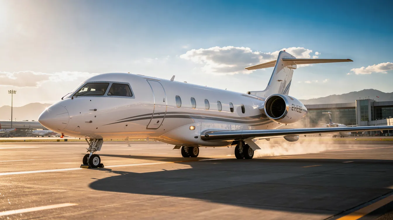 A luxurious private jet is showcased in a stunning outdoor setting, surrounded by breathtaking landscapes that create the perfect backdrop for high-end lifestyle shoots. The scene captures the essence of luxury travel, ideal for fashion photo shoots or music videos, highlighting the sophistication and elegance associated with private jet studios.