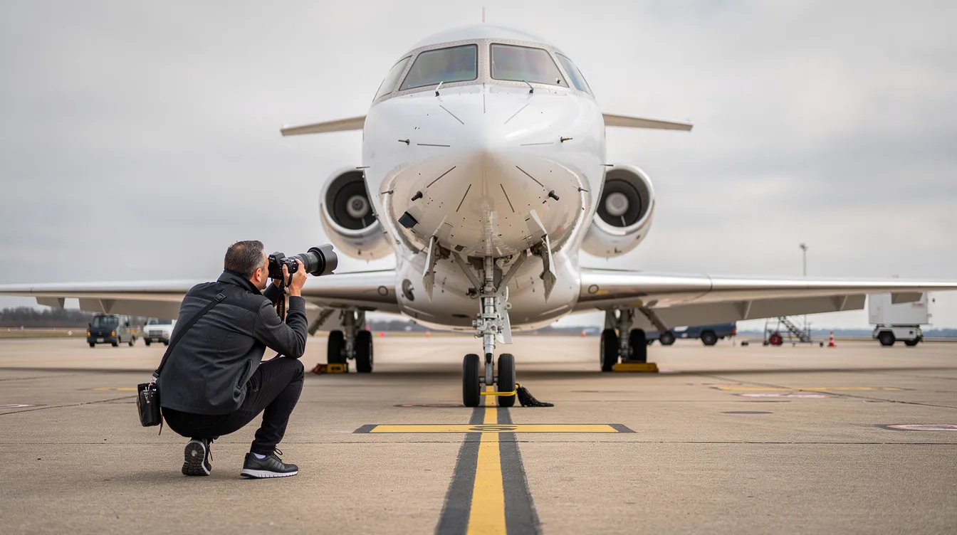 A photographer is crouching low on an airport ramp, capturing an upward shot of the nose of a sleek white private jet, showcasing the luxurious setting perfect for high-end lifestyle shoots. The image reflects the dedication and professional quality involved in travel photography and commercial photo shoots.