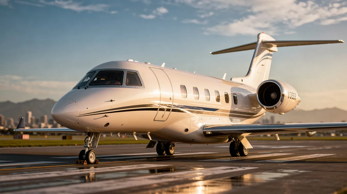 The image depicts a sleek private jet parked at a local private terminal, showcasing the luxury and convenience of private aviation. This aircraft represents the high standards of a private jet company, emphasizing safety and tailored travel experiences for clients.