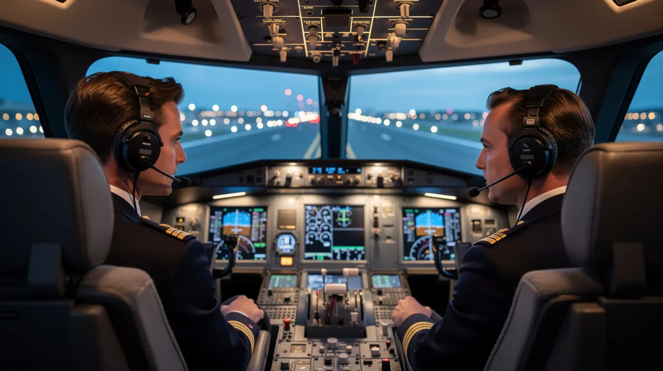 Two professional pilots are seated in the cockpit of a private jet, meticulously reviewing the instruments and controls before takeoff, ensuring a safe flight as part of their aircraft management duties for a private aviation company. The scene highlights the professionalism and attention to detail required in the operation of a personal jet, reflecting the commitment to safety and client experience in private jet travel.