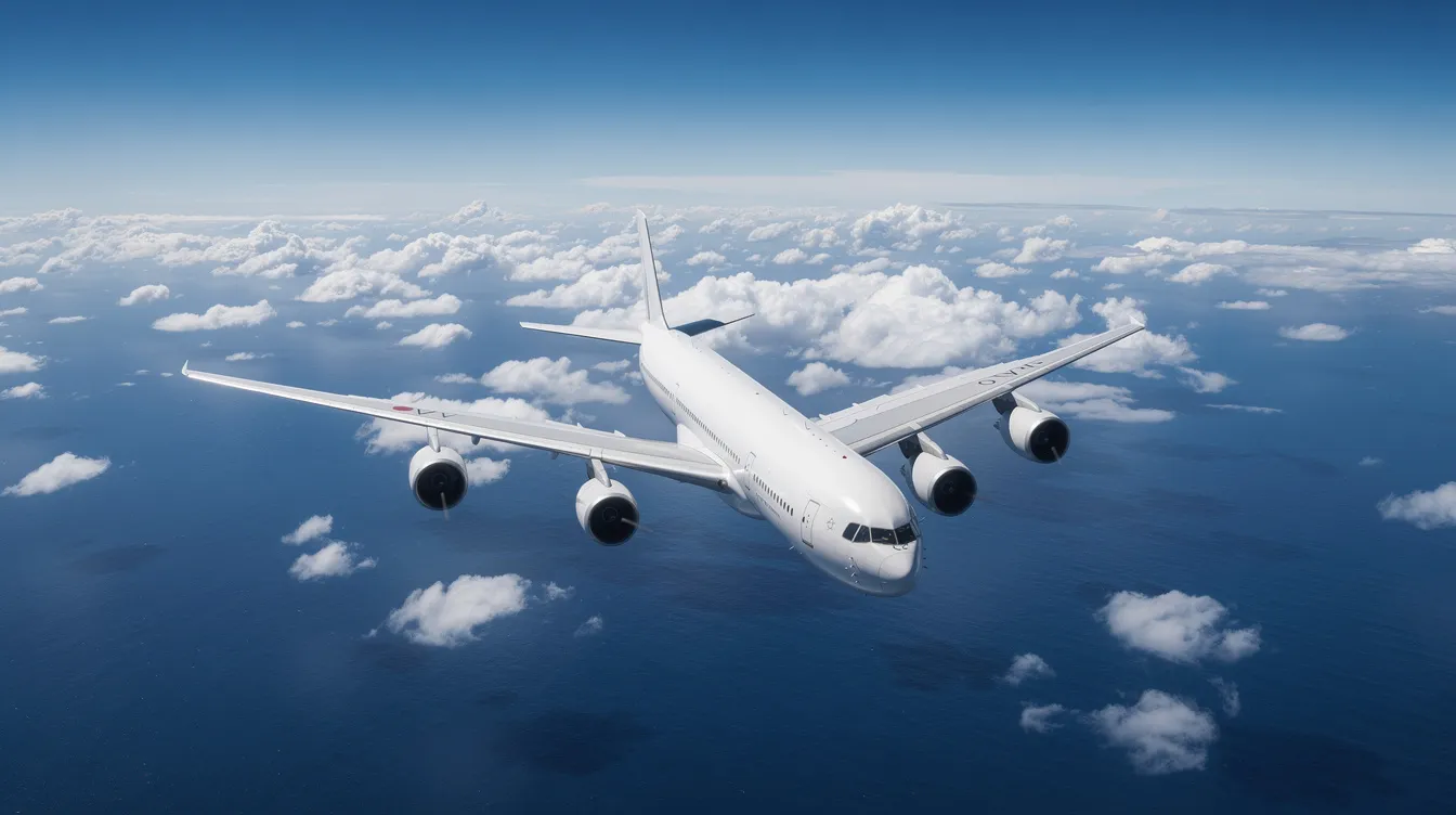 A large four-engine private jet soars high above a deep blue ocean, with fluffy clouds drifting below it. This impressive aircraft, reminiscent of a flying palace, showcases the luxury of private aviation as it travels effortlessly across the sky.