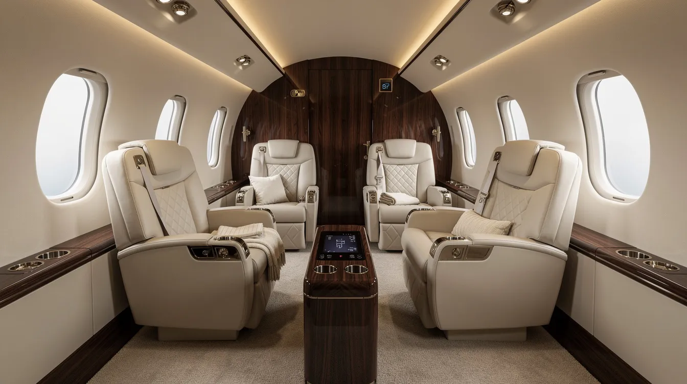 The image depicts the luxurious interior of a private jet cabin, featuring cream leather seats, polished wood panels, and soft ambient lighting, creating an atmosphere of elegance and comfort typical of high-end private aviation. This spacious cabin is designed for maximum comfort, making it ideal for long-distance flights and catering to high net worth individuals.