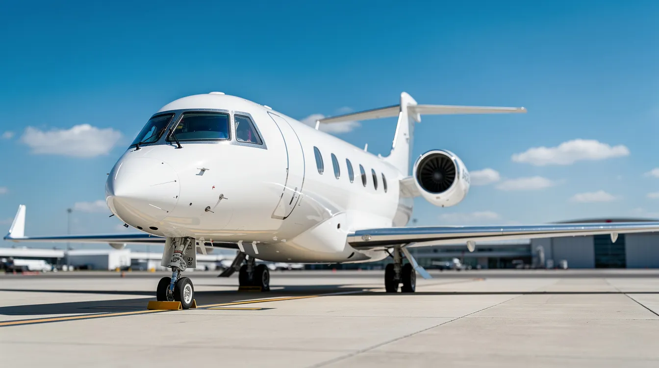 A private jet aircraft is parked on a sunny tarmac under a clear blue sky, ready for its passengers to board for their vonlane trip. The scene conveys a sense of luxury and convenience, highlighting the comfort and personal space offered by private jet travel.