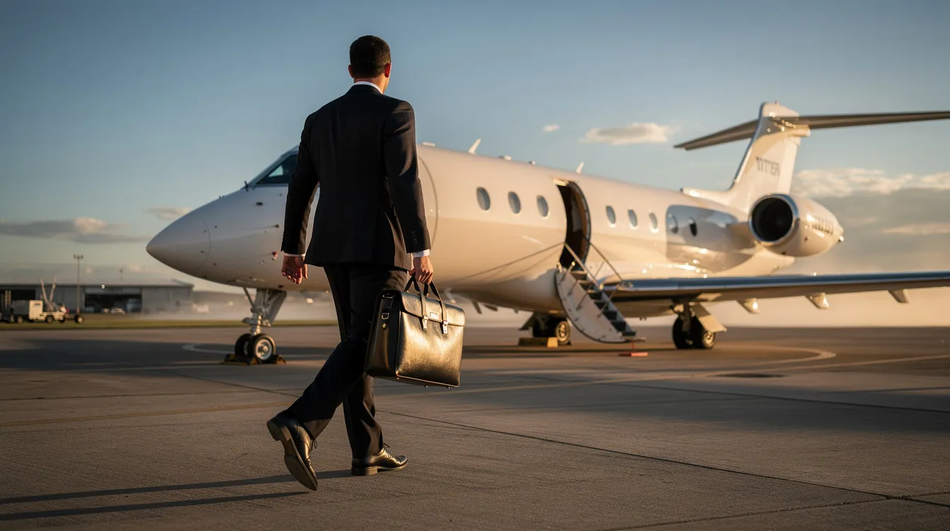 A traveler is walking toward a sleek private jet on a sunlit tarmac, carrying a briefcase, embodying the luxury of private aviation. This scene reflects the excellence and accessibility offered by companies like Jones Aviation Group, catering to individuals' needs for comfortable travel across the globe.