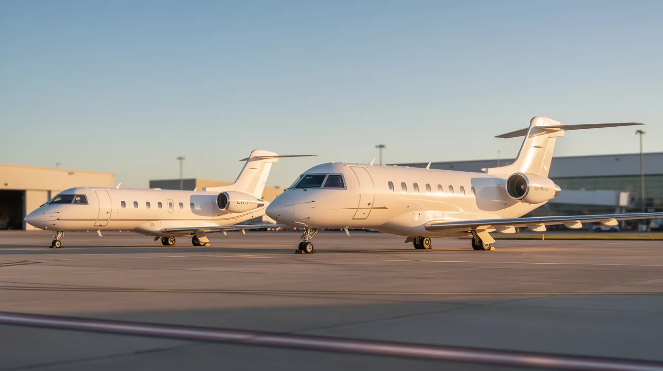 The image features three private jets of varying sizes lined up on an airport ramp, showcasing the diversity in private aviation. From the smallest to the largest, these perfect aircraft represent the excellence and demand for private jets in the world of aviation.