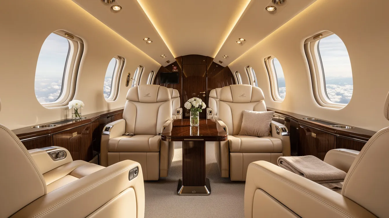 The interior of a luxurious private jet cabin features cream leather seats, large oval windows offering panoramic views, and warm ambient lighting, creating an inviting atmosphere for both business and leisure travel. This modern private jet travel experience emphasizes cabin comfort and personalized service, making it a convenient alternative to commercial flights.