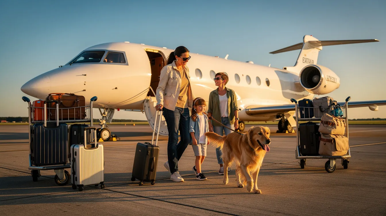 A family with children and a golden retriever walks towards a private jet on a sunny tarmac, surrounded by luggage carts, ready for their private jet travel adventure. The scene captures the joy of family togetherness and the convenience of flying private.