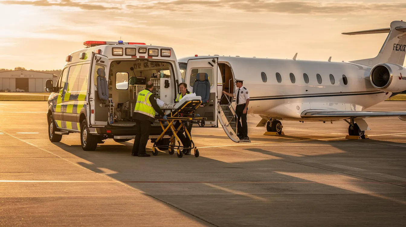 A ground ambulance is parked next to a small private jet on a regional airfield tarmac, ready for patient transport during a medical emergency. Medical teams are prepared to provide intensive medical care as they facilitate the transfer of patients to the air ambulance for a critical flight to the hospital.