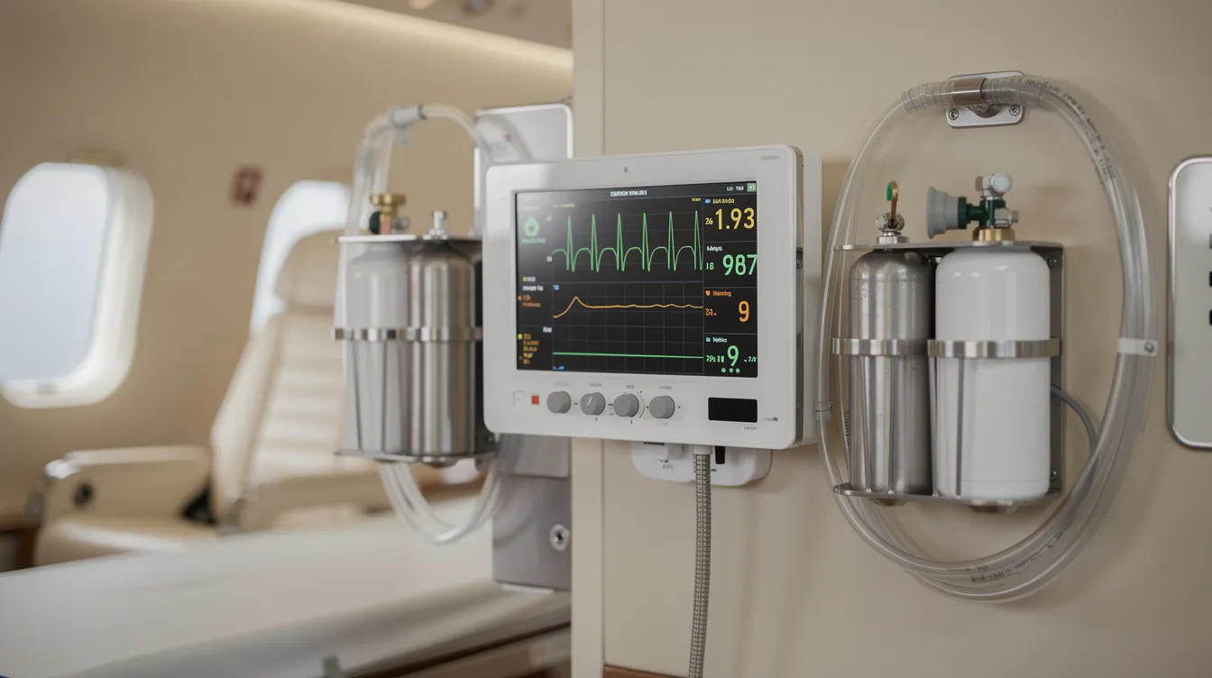 This image shows a close-up view of medical monitoring screens and oxygen equipment inside a private aircraft cabin, specifically designed for air ambulance services. The setup is outfitted with ICU level medical equipment to provide intensive medical care during patient transport on medical flights.