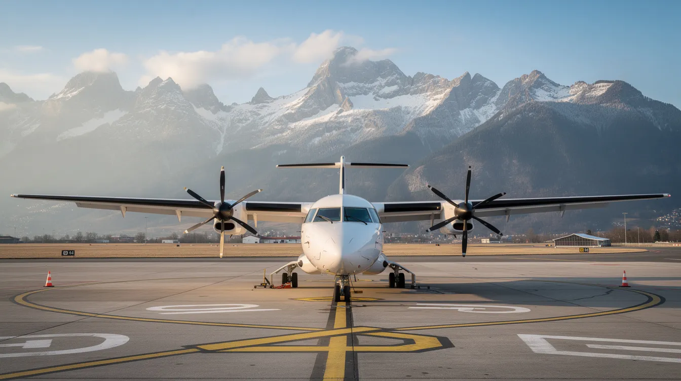 A turboprop aircraft is parked on a tarmac, with snow-dusted mountains providing a stunning backdrop in the distance, suggesting a prime location for private flights to Lake Tahoe, a popular destination for winter sports and outdoor activities. The scene captures the natural beauty of the area, inviting travelers to explore the nearby ski resorts and enjoy the luxury of private aircraft travel.