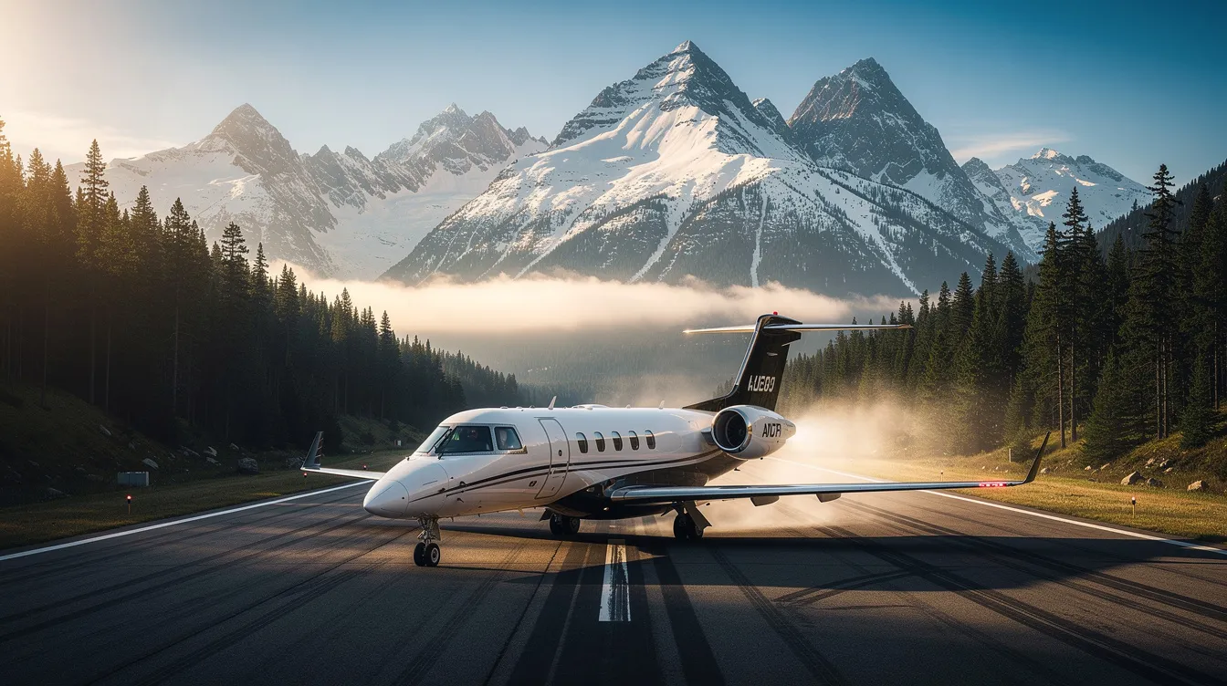 A small private jet is taxiing on a mountain airstrip surrounded by tall pine trees, with snowy peaks in the background, highlighting the natural beauty of the Lake Tahoe area. This scene captures the essence of luxury travel to a popular destination for winter sports and outdoor activities.
