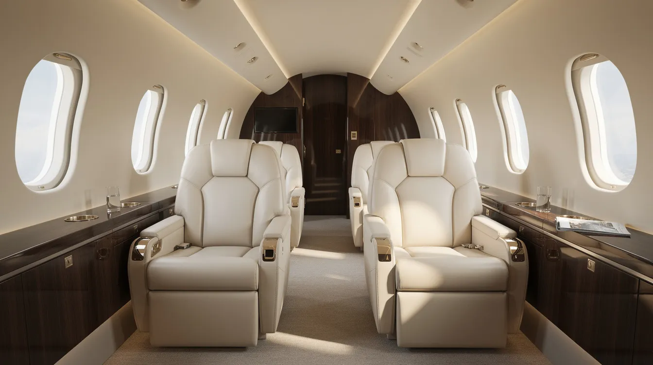 The image depicts the interior of a luxurious private jet cabin featuring plush leather seats and ample natural light streaming through oval windows, creating an inviting atmosphere for passengers. This elegant space exemplifies the comfort and sophistication of private jet travel, ideal for those seeking a refined flying experience.