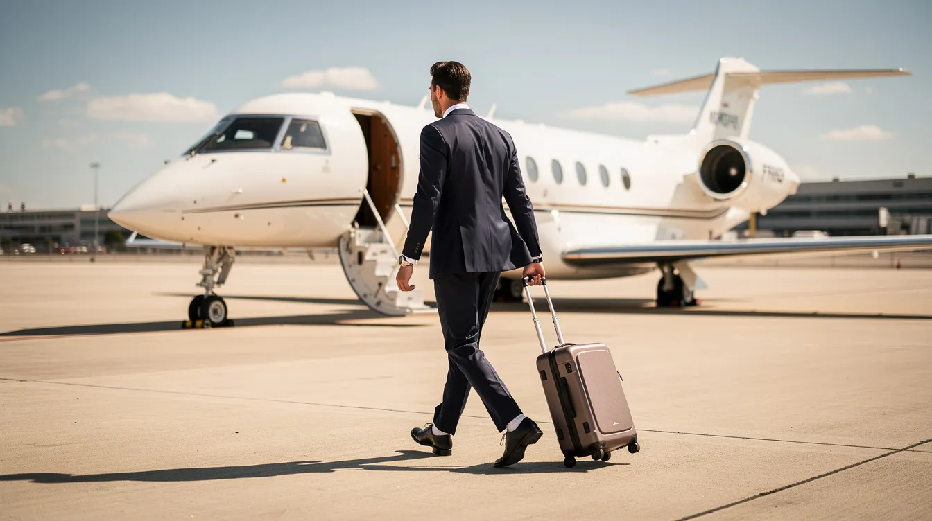 A business traveler in a sharp suit walks confidently towards a luxurious private jet parked on a sunny tarmac, ready for private jet travel. The scene captures the essence of flying privately, highlighting the convenience and elegance of private jet flights.