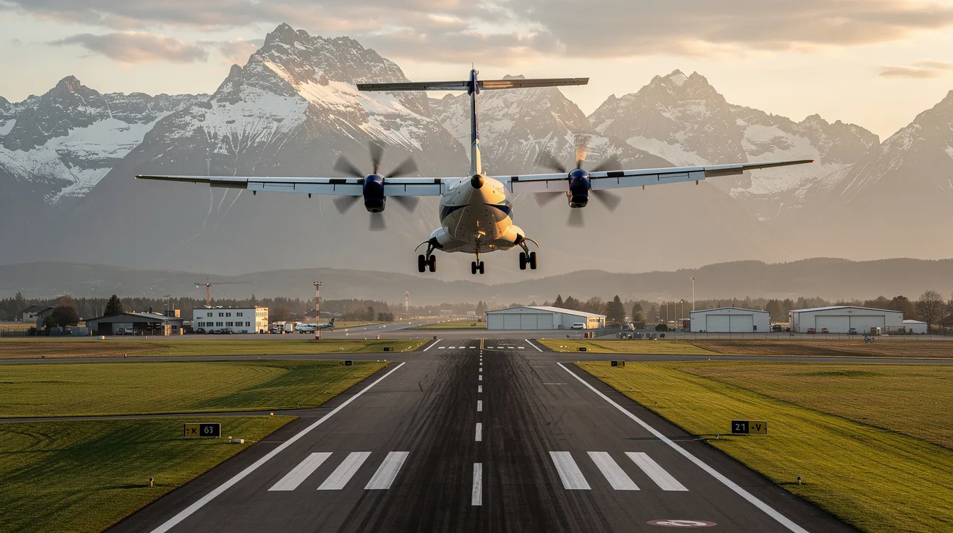 A turboprop aircraft is seen approaching a small airport runway, framed by majestic mountains in the background. This image captures the essence of private aviation, highlighting the accessibility of private jet travel to regional airports.