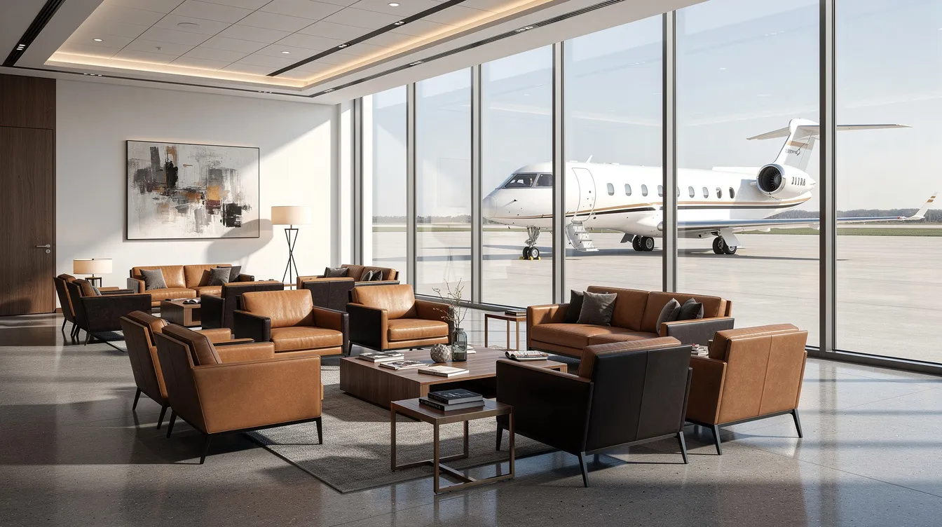 The image depicts the interior of a modern private aviation terminal, featuring large windows that provide a view of a jet on the ramp. The lounge area is furnished with luxurious leather seating, reflecting the high-quality service and industry-leading expertise offered by companies like ImperialJet in tailored private jet charter solutions.