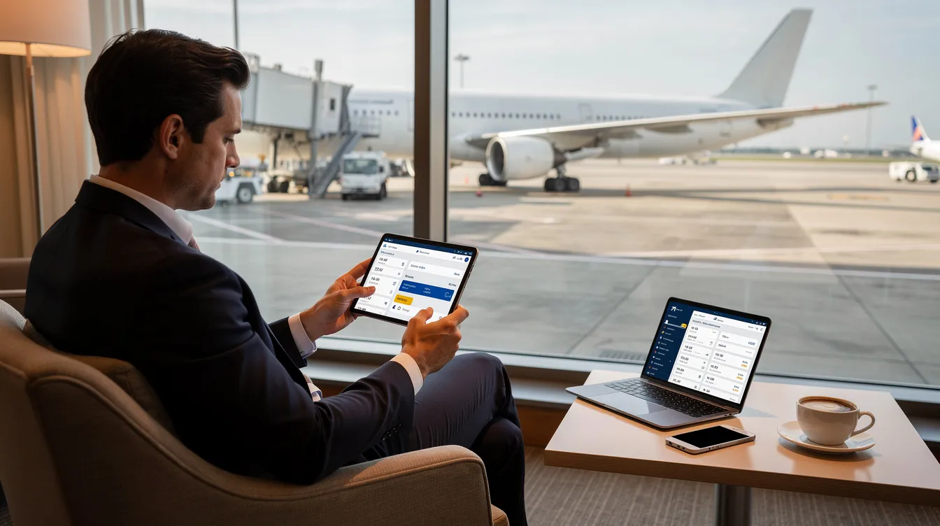 A business traveler is seated in an airport lounge, using a tablet to review flight options while enjoying a view of the tarmac. This scene highlights the convenience and quality of tailored private jet charter services, reflecting the industry leading expertise of providers like ImperialJet.