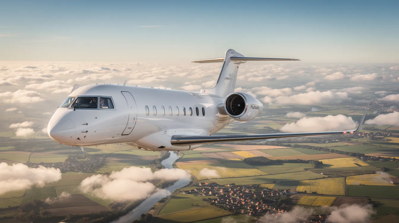 A Bombardier Challenger business jet soars gracefully above scattered clouds, with a picturesque European landscape visible below, showcasing the beauty of private jet travel. This image reflects the industry leading expertise and tailored private jet charter services that ImperialJet offers to its international client base.