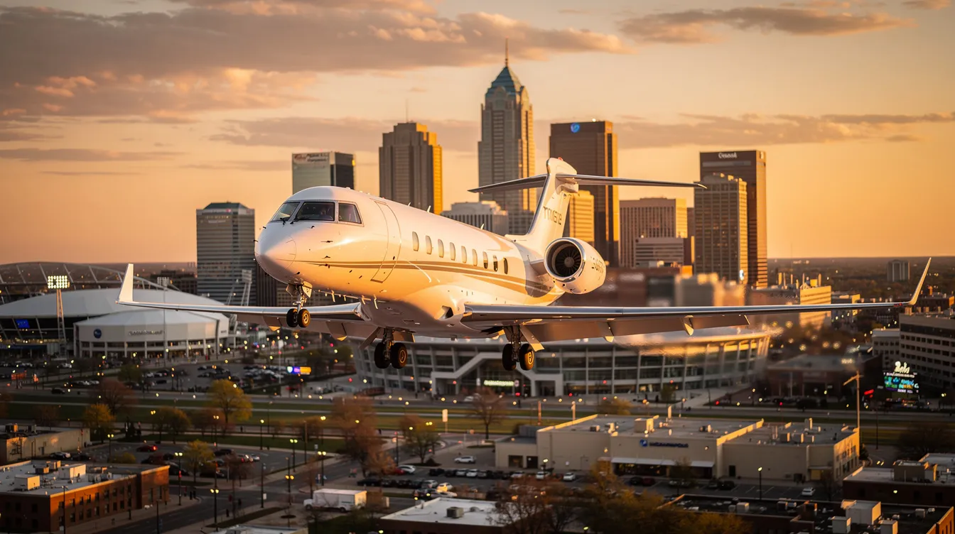 The image depicts a sleek private jet parked at the Indianapolis International Airport, ready for departure. Surrounding the airport are views of downtown Indianapolis, showcasing the city's vibrant skyline and the iconic Indianapolis Motor Speedway in the distance, highlighting the luxury and convenience of private jet charter services in the area.