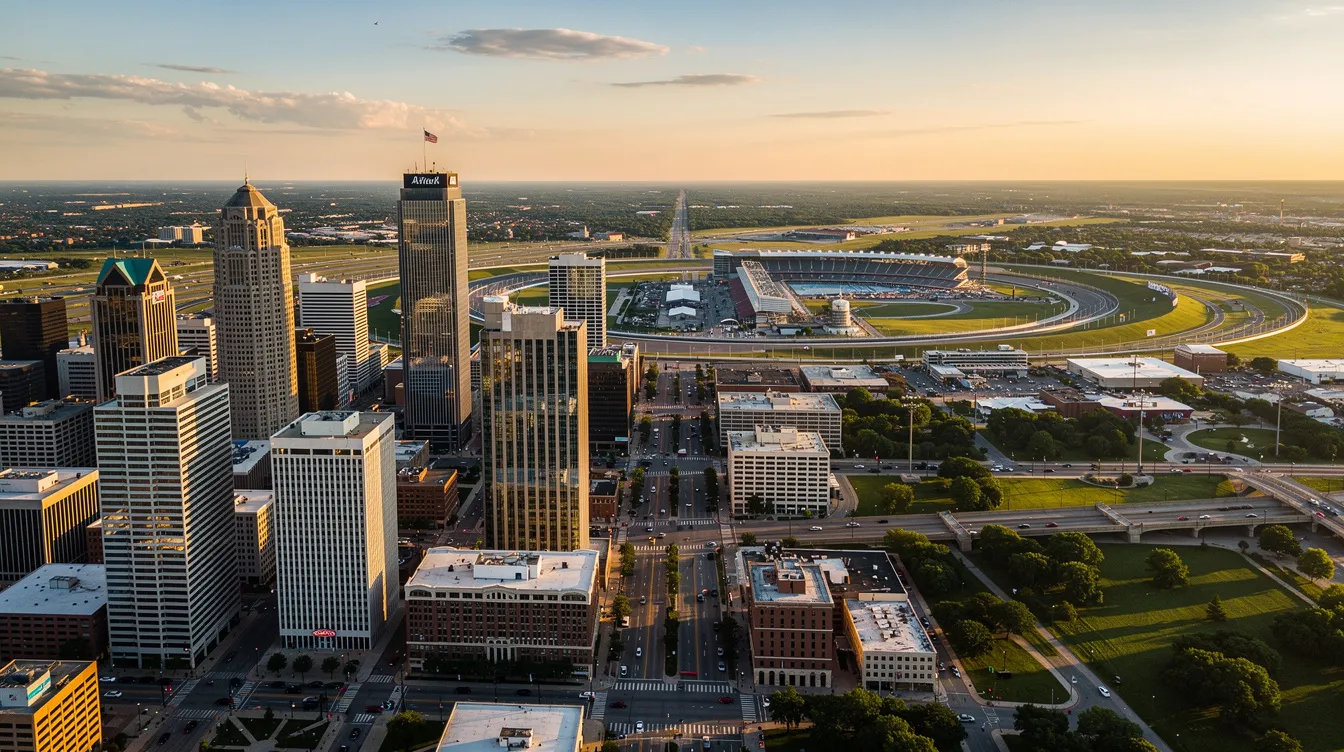 An aerial view of the Indianapolis skyline showcases the city's iconic buildings, with the famous Indianapolis Motor Speedway racetrack visible in the background. This vibrant scene highlights the blend of urban life and racing culture in Indianapolis, Indiana.