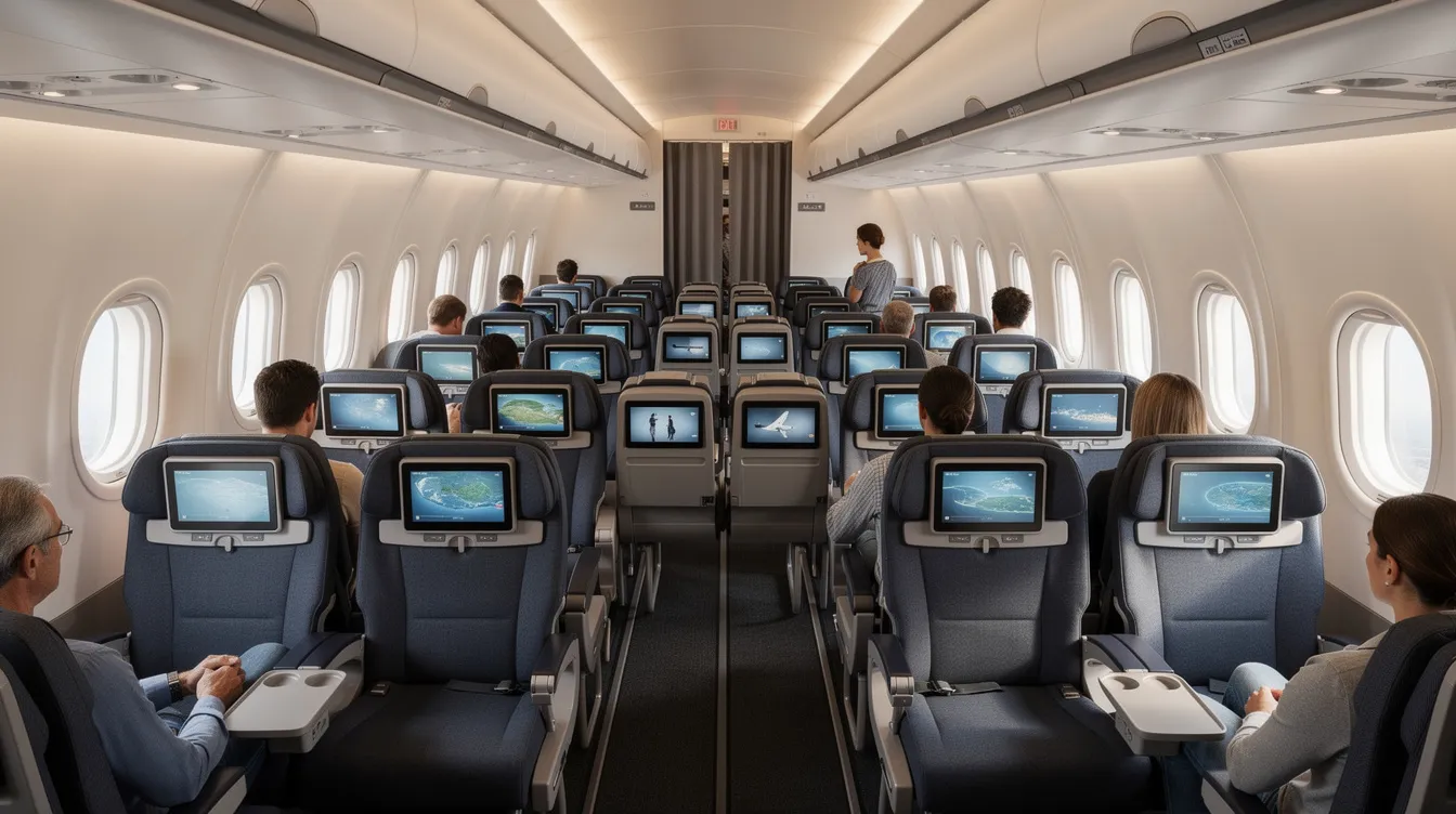 The image depicts the economy class section of a wide-body aircraft, specifically a Boeing 767-300ER, featuring two aisles and seven seats across. The passenger cabin is designed for comfort on long-haul routes, showcasing movable armrests and in-flight entertainment options for travelers.