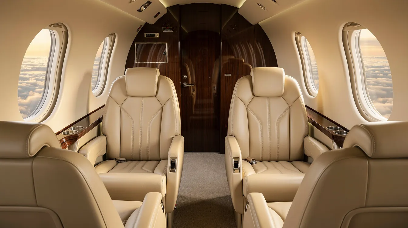 The image depicts the interior of a small private jet featuring cream leather seats and polished wood accents, designed for comfort during flights. The passenger cabin is elegantly arranged with seven seats, offering a luxurious atmosphere ideal for both domestic and intercontinental routes.