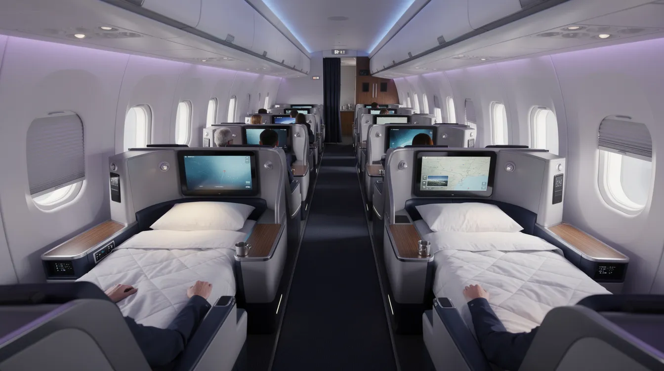 The image depicts lie-flat business class seats on a commercial wide-body aircraft, featuring mood lighting to enhance passenger comfort. These mid-size seats, designed for long haul routes, offer ample seat width and include movable armrests, making them ideal for travelers on intercontinental routes.