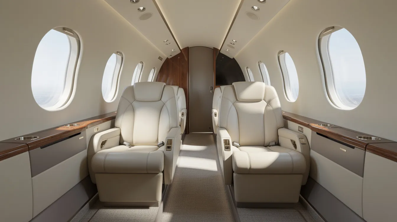 The image depicts the interior of a midsize private jet cabin, featuring plush leather seats and abundant natural lighting streaming through oval windows. This well-appointed cabin exemplifies the luxury and comfort expected by business travelers utilizing private jet charter services in Philadelphia.