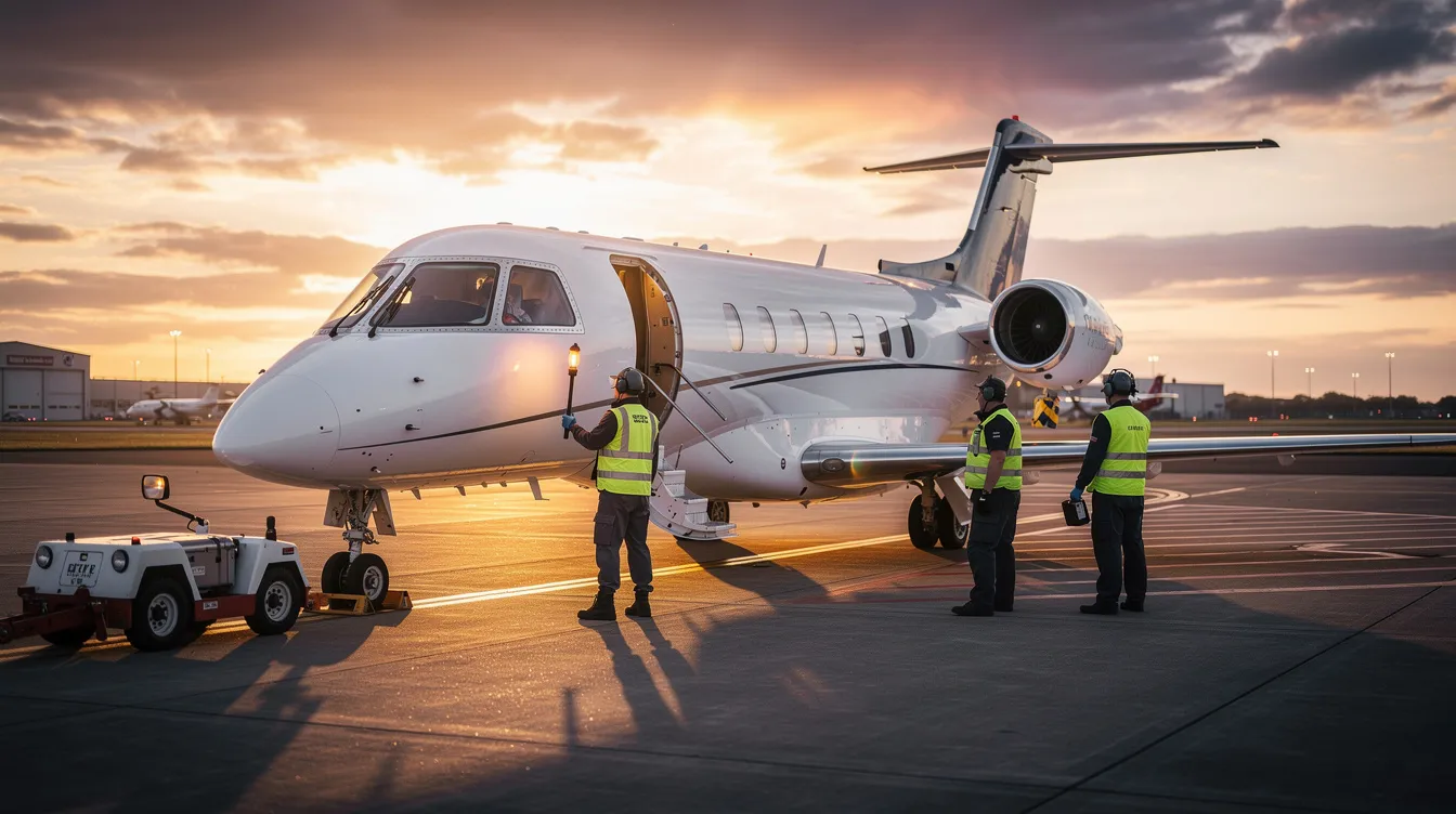 A small private jet is parked on a tarmac at sunset, with the warm glow of the sky reflecting off its sleek surface. Nearby, ground crew members are preparing for the next flight, showcasing the exceptional service typical of private jet charters at Philadelphia International Airport.