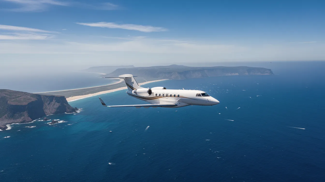 A small private jet, likely a Cirrus Vision Jet, is soaring above a stunning coastal landscape, with the deep blue ocean shimmering below. This technologically advanced personal jet showcases modern design and safety features as it navigates the skies, providing a glimpse into the world of private aviation.