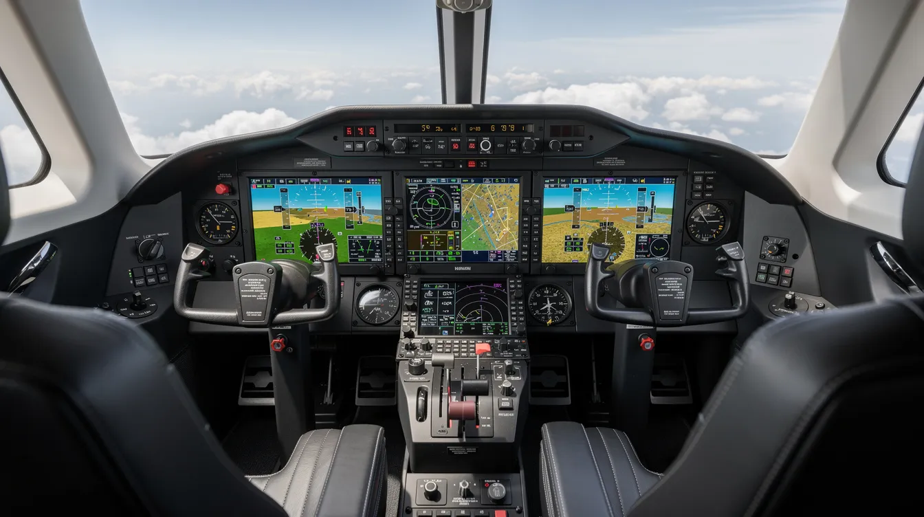 The image depicts a modern glass cockpit inside a small private jet, showcasing advanced avionics displays that enhance pilot control and safety. This technologically advanced personal jet, such as the Cirrus Vision Jet, features a sleek design and is equipped with state-of-the-art safety systems for a comfortable flying experience.
