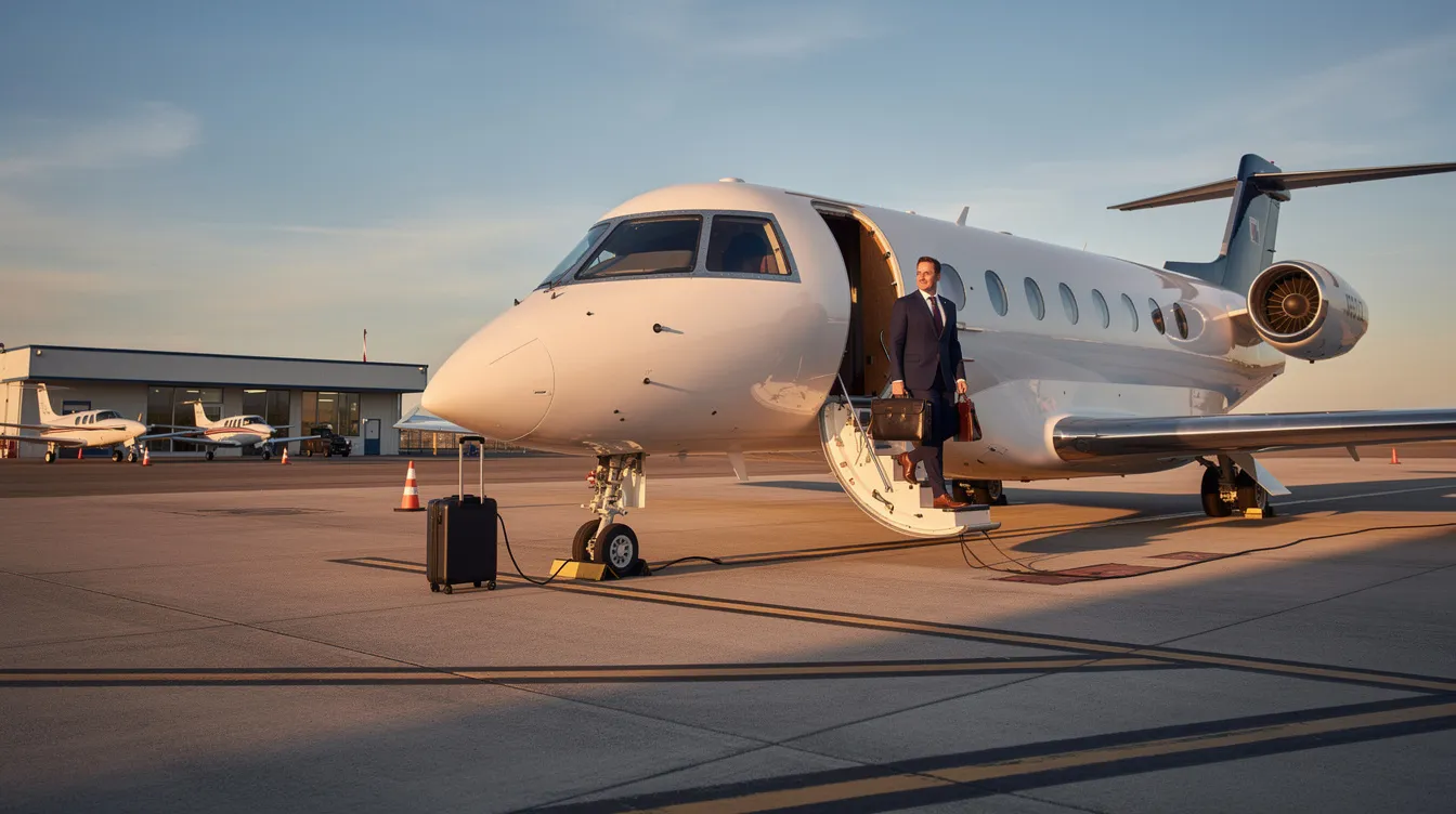 A business traveler is stepping onto a state-of-the-art Cirrus Vision Jet via airstairs at a small airport, showcasing the convenience and luxury of private aviation. This very light jet, valued at around 2 million dollars, highlights the modern design and advanced avionics that appeal to first-time jet owners.