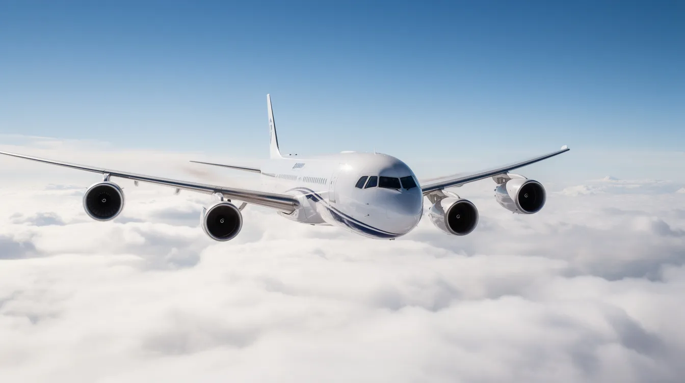 A large Airbus A340 aircraft is soaring above the clouds, showcasing its four powerful engines beneath the wings. This long-haul air travel model is designed to accommodate a significant passenger capacity, making it a popular choice among airlines for non-stop flights.