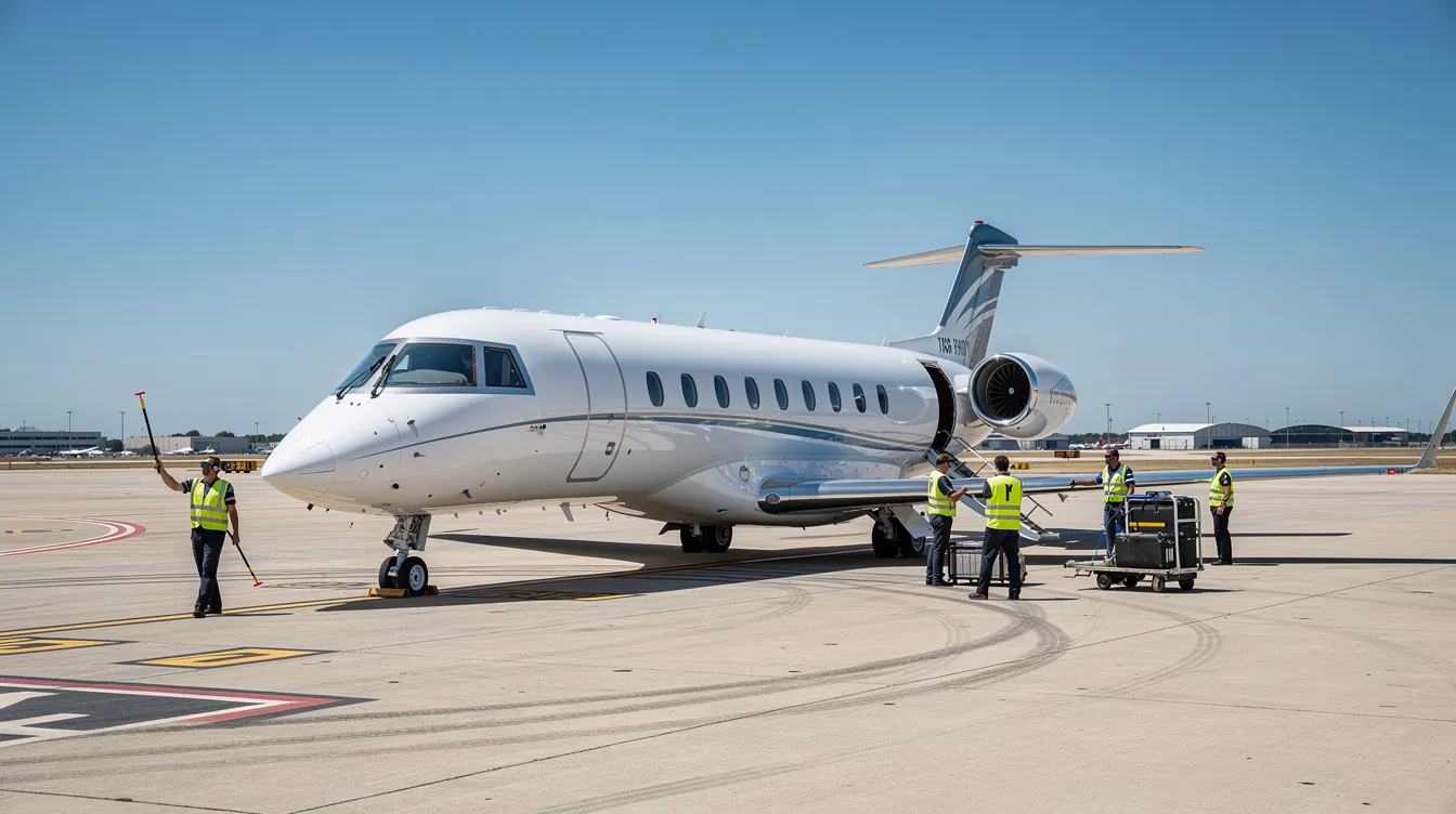 A sleek twin engine aircraft is parked on a tarmac, surrounded by ground crew preparing for its journey, with a clear blue sky in the background. This private jet exemplifies the capabilities of modern air travel, featuring spacious business class seats and powerful engines for a comfortable flying experience.