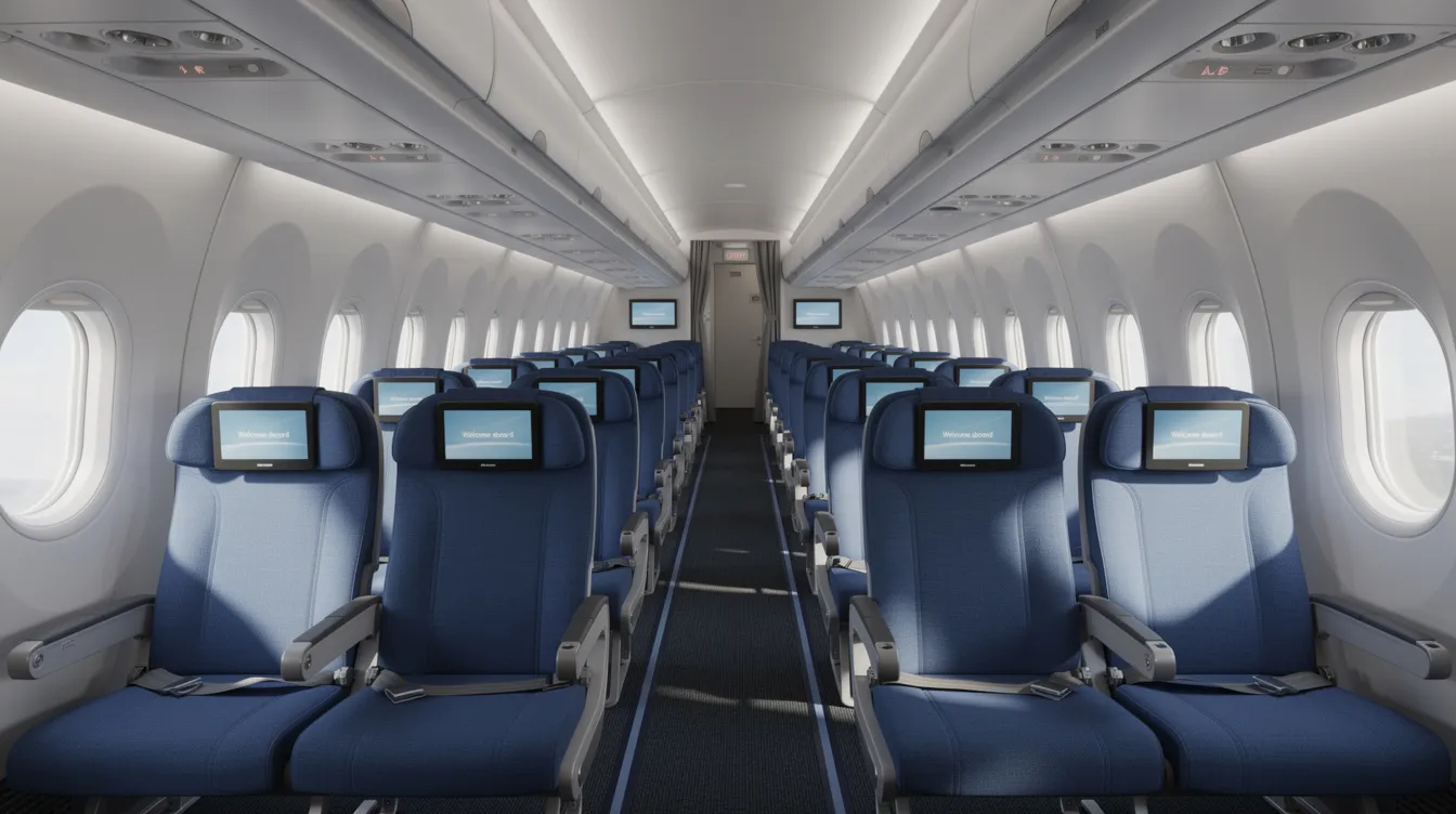 The image shows the interior of a wide-body aircraft economy cabin, featuring rows of blue seats arranged in a 2-4-2 layout, typical of long-haul air travel on models like the Airbus A340. This configuration allows for a comfortable seating capacity, accommodating numerous passengers during their journey.