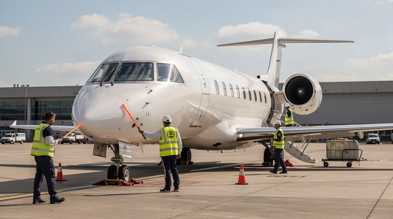 A white Bombardier CRJ 900 regional jet with twin rear-mounted engines is parked on an airport tarmac, surrounded by ground crew preparing for its next flight. The aircraft's sleek design and specifications highlight its role in regional air travel.