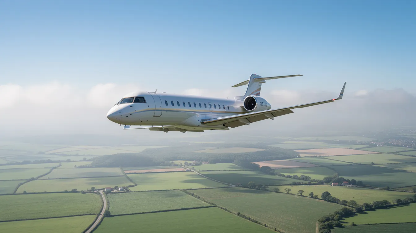 A Bombardier CRJ 900 regional jet with twin engines is banking gracefully through clear blue skies, while lush green farmland stretches out far below. The aircraft showcases its sleek design and impressive wingspan, embodying the advanced specifications of the CRJ series.