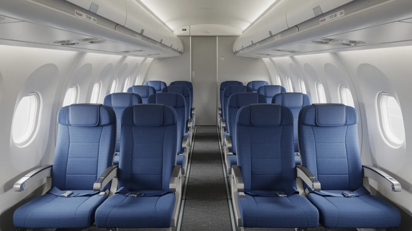 The image shows the interior of a Bombardier CRJ 900 regional jet cabin, featuring rows of blue fabric seats arranged in a two-by-two layout, with overhead bins for storage. The design emphasizes comfort and efficiency, typical of the CRJ series aircraft.