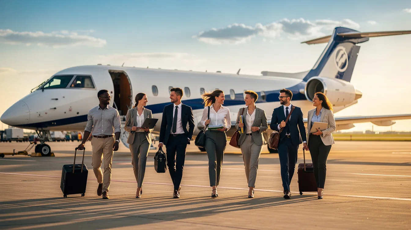 A group of business professionals in casual attire is walking across an airport tarmac toward a Bombardier CRJ 900 regional jet, ready for their first flight. The aircraft, known for its efficient engines and comfortable seat width, stands waiting with its wingspan and sleek design highlighted against the backdrop of the airport.